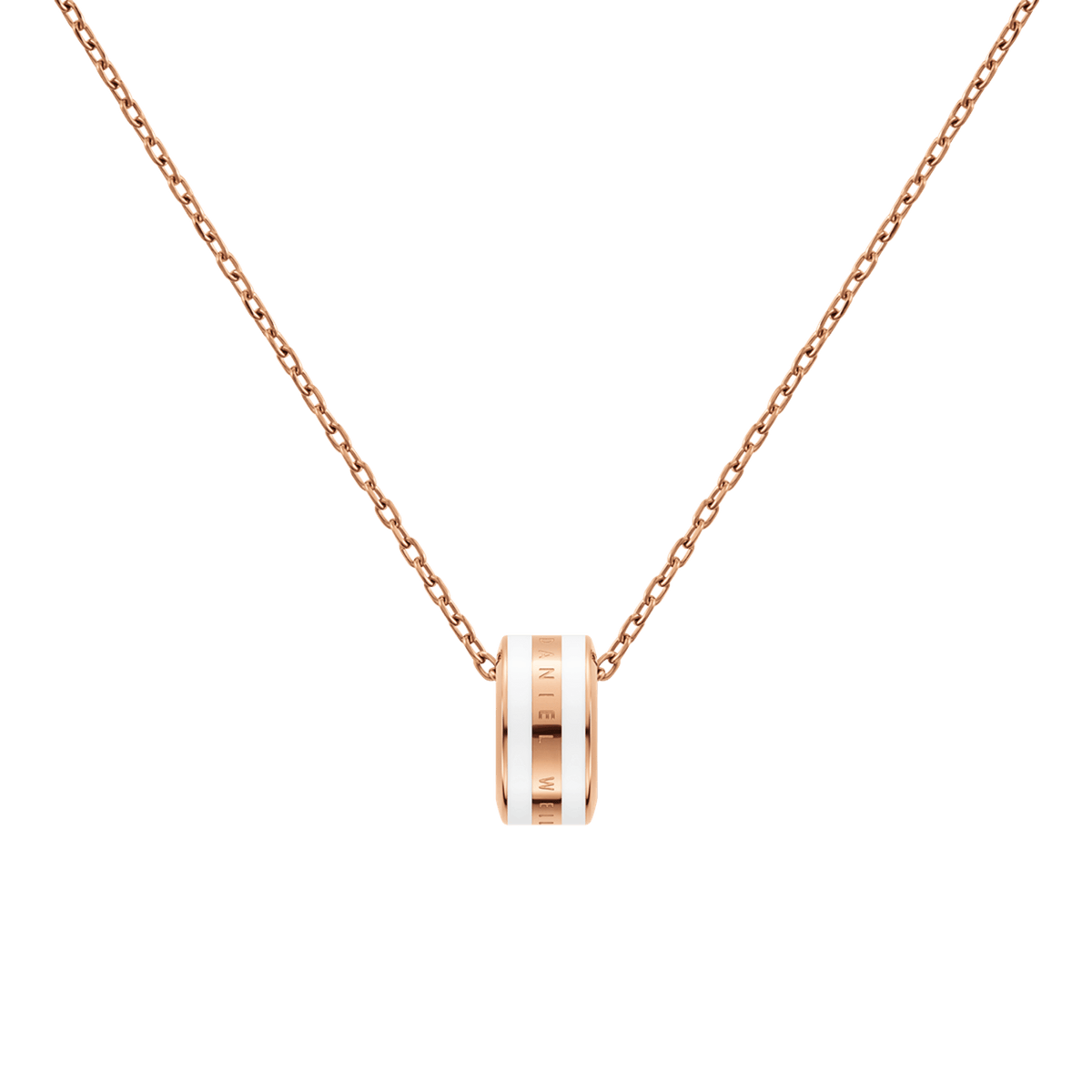 Rose gold chain necklace with a circular satin white enamel pendant, featuring a minimalist design and fine detailing, ideal for layering or wearing as a subtle statement piece.