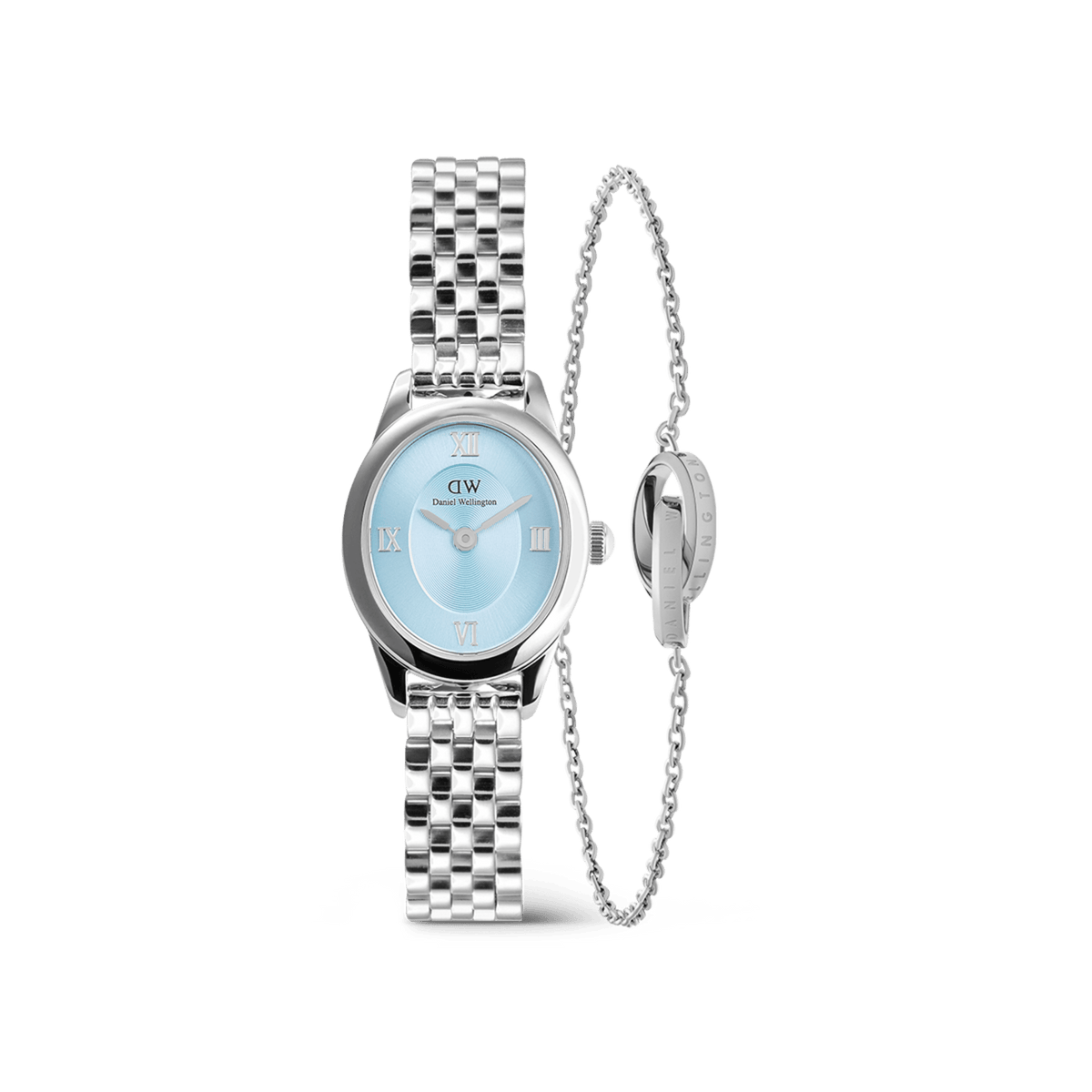 A petite Daniel Wellington watch with a polished silver link strap and an ice blue oval dial, paired with a delicate silver Elan Unity Bracelet featuring a fine chain and signature ring detail.