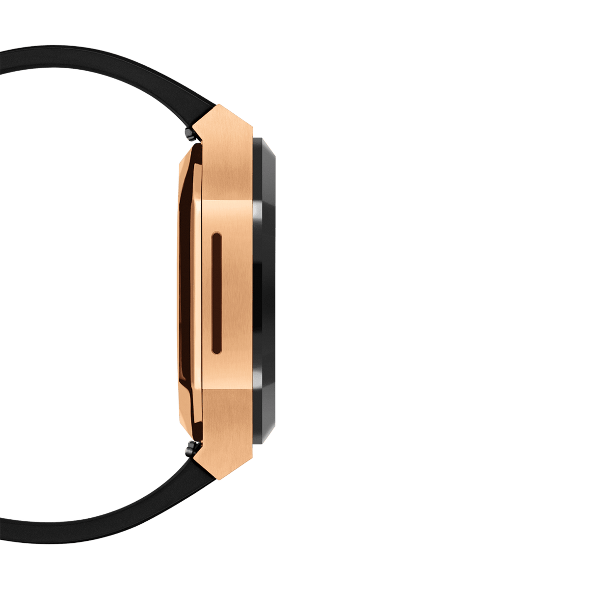 Side profile of the Switch Rose Gold Apple Watch case, highlighting the brushed rose gold stainless steel finish, bold geometric lines, and integrated black FKM rubber strap.