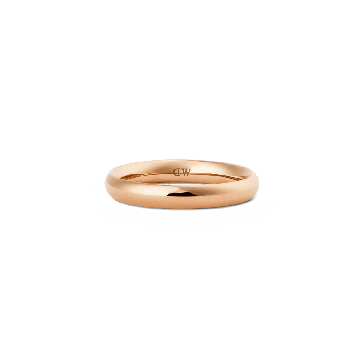 Polished rose gold band ring with a softly rounded 3.5mm profile, crafted from stainless steel and finished with a subtle inner logo, ideal for everyday or formal wear.