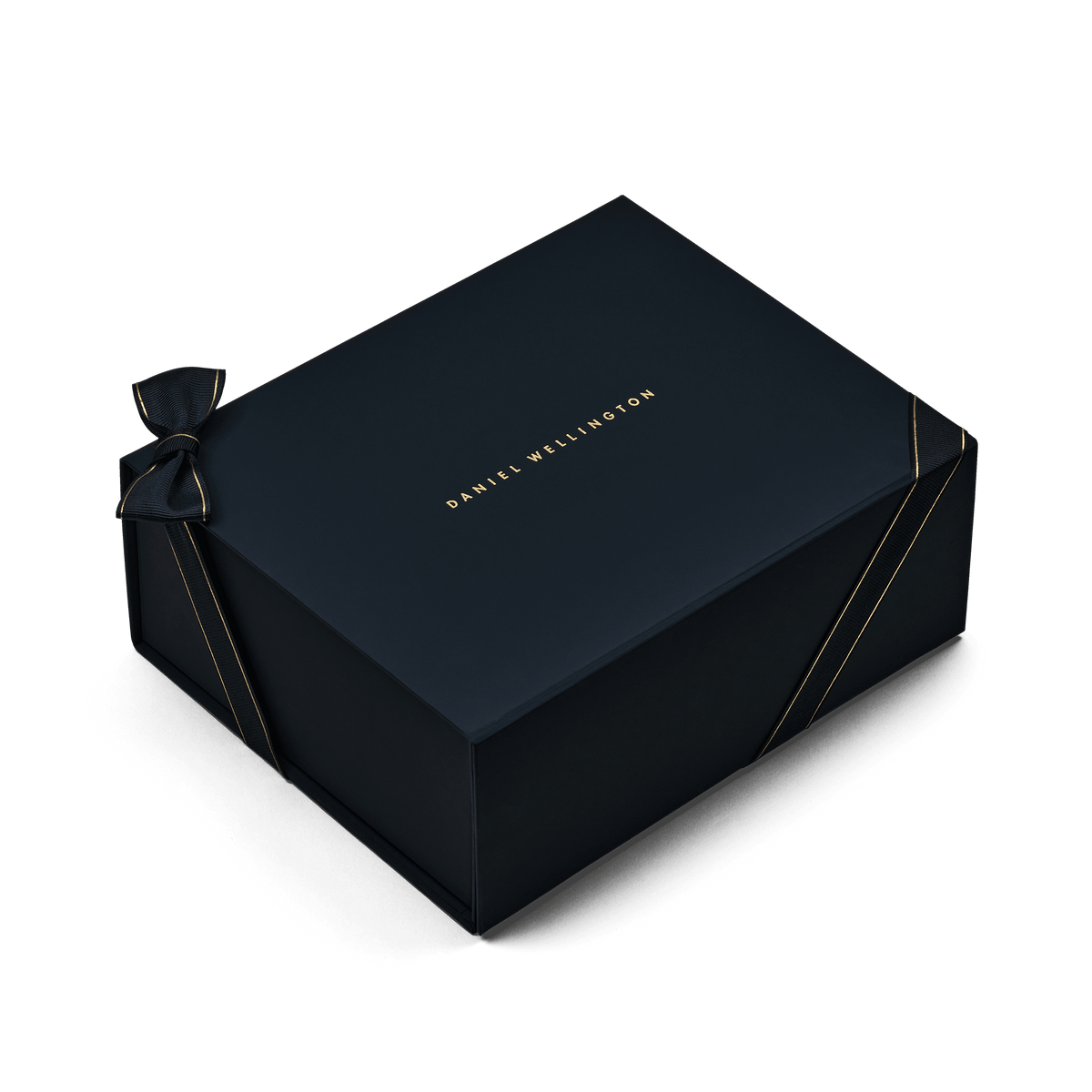 Premium Gift Box Gold featuring a deep blue finish with gold accents, a decorative ribbon and bow, and the Daniel Wellington logo in gold on the lid, ideal for presenting jewellery, watches, or keepsakes in a stylish and elegant manner.
