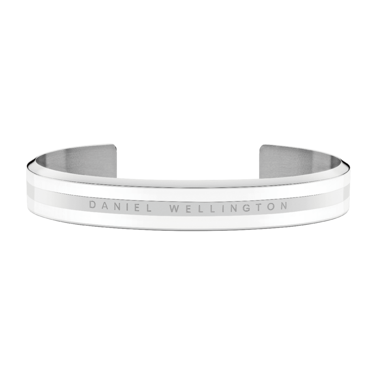 Emalie Bracelet Silver features a minimalist open cuff design with polished silver and satin white enamel, engraved with Daniel Wellington branding for a refined, modern look.