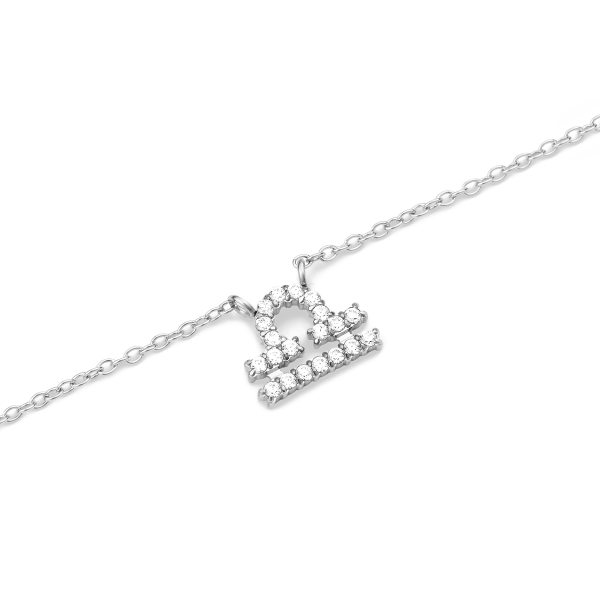Crystal Zodiac Chain Necklace Silver featuring a Libra zodiac pendant crafted in silver and embellished with hand-set crystals, suspended on a fine silver chain.