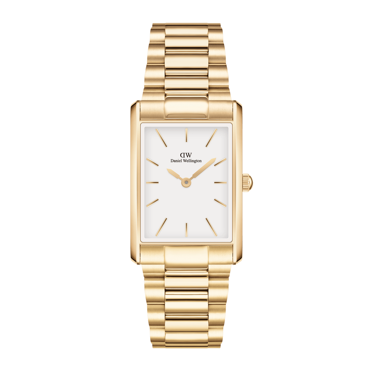Bound 3-Link Gold wristwatch featuring a rectangular gold case, minimalist white dial, and a polished 3-link gold bracelet, designed for women seeking a refined and versatile accessory.