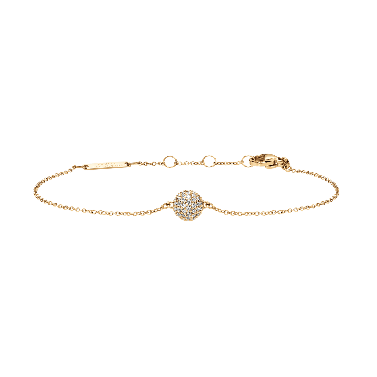 Delicate gold Pavé Crystal Pendant Bracelet featuring a sphere-shaped pendant set with sparkling cubic zirconia crystals, adjustable chain and secure lobster clasp.