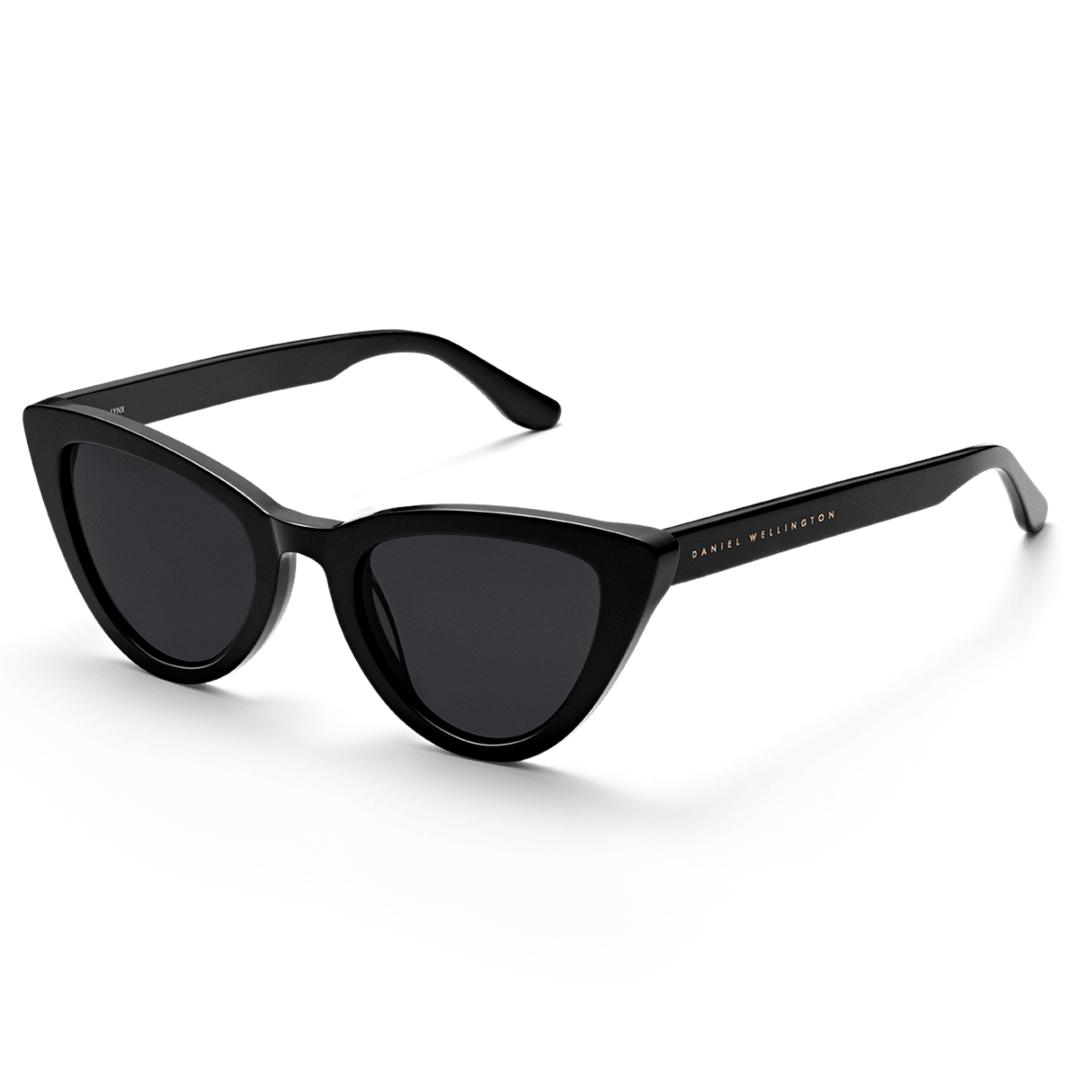 Lynx Bio-Acetate Black sunglasses featuring a bold cat eye shape, glossy black bio-acetate frame, dark nylon lenses, and subtle Daniel Wellington branding on the temples.