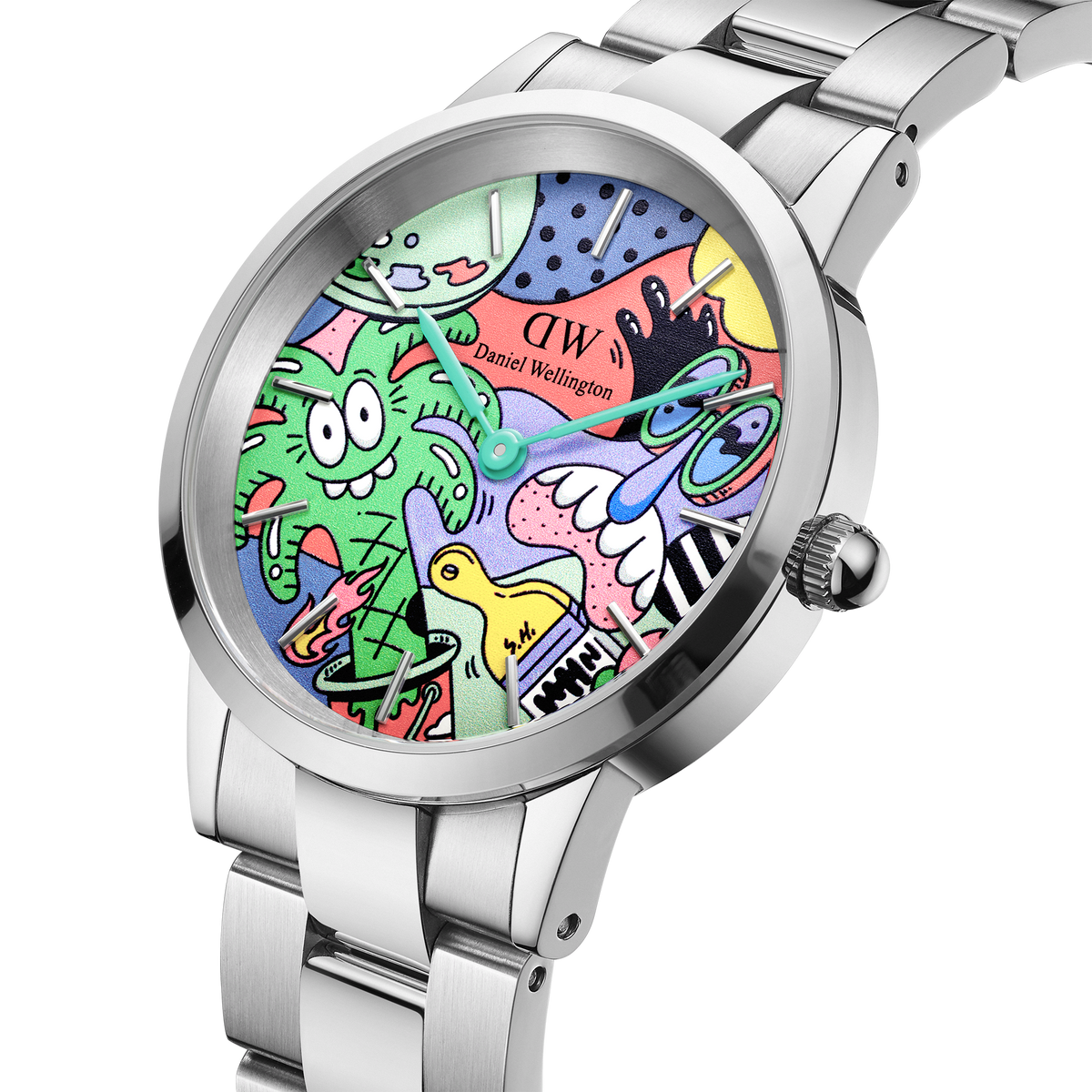 Steven Harrington x Daniel Wellington Iconic Link Multicolor watch with a 40mm stainless steel case and bracelet, featuring a colourful dial with playful pop-art illustrations and turquoise hands.