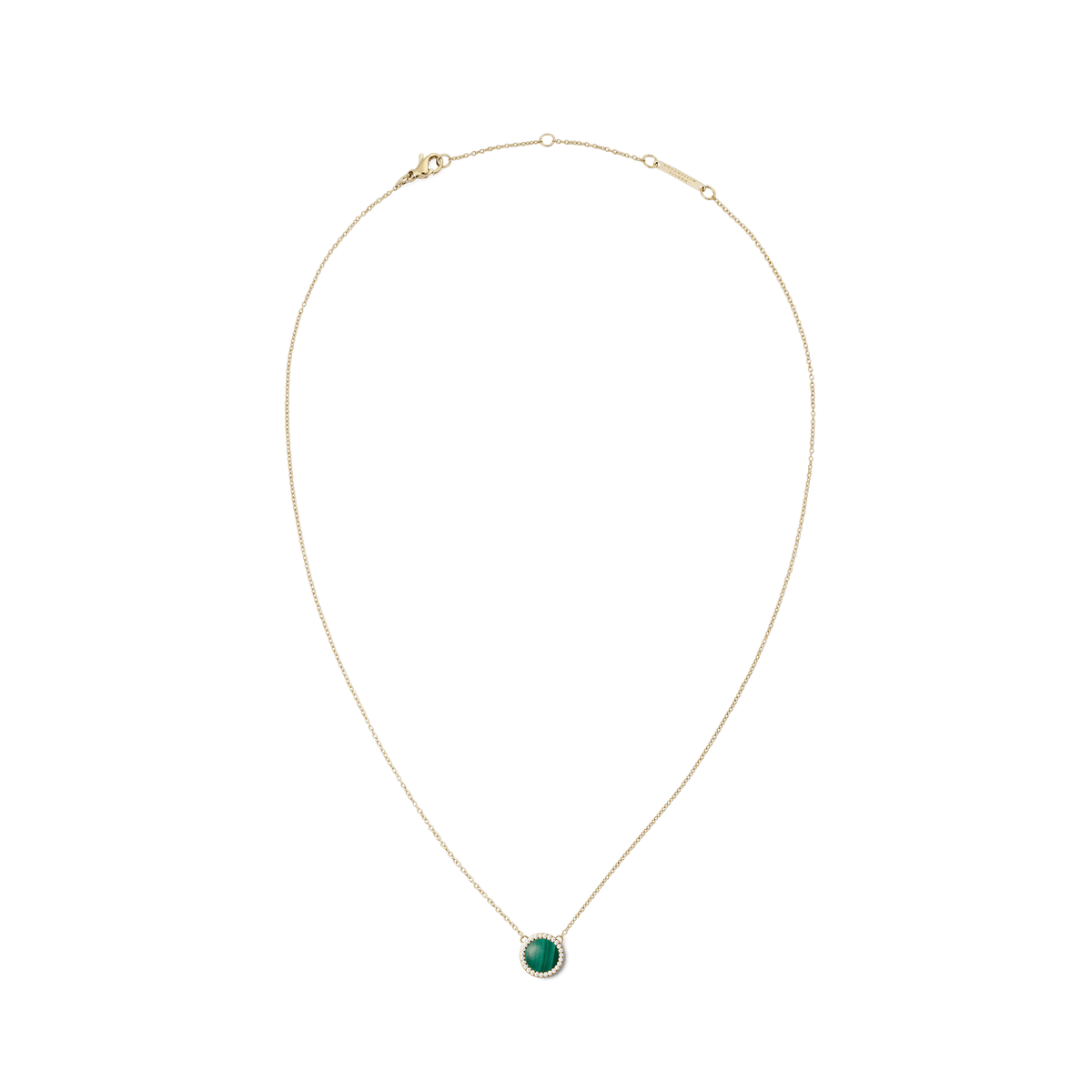 Gold necklace with a fine adjustable chain, featuring a round green malachite pendant framed in gold and accented by a halo of white cubic zirconia crystals.