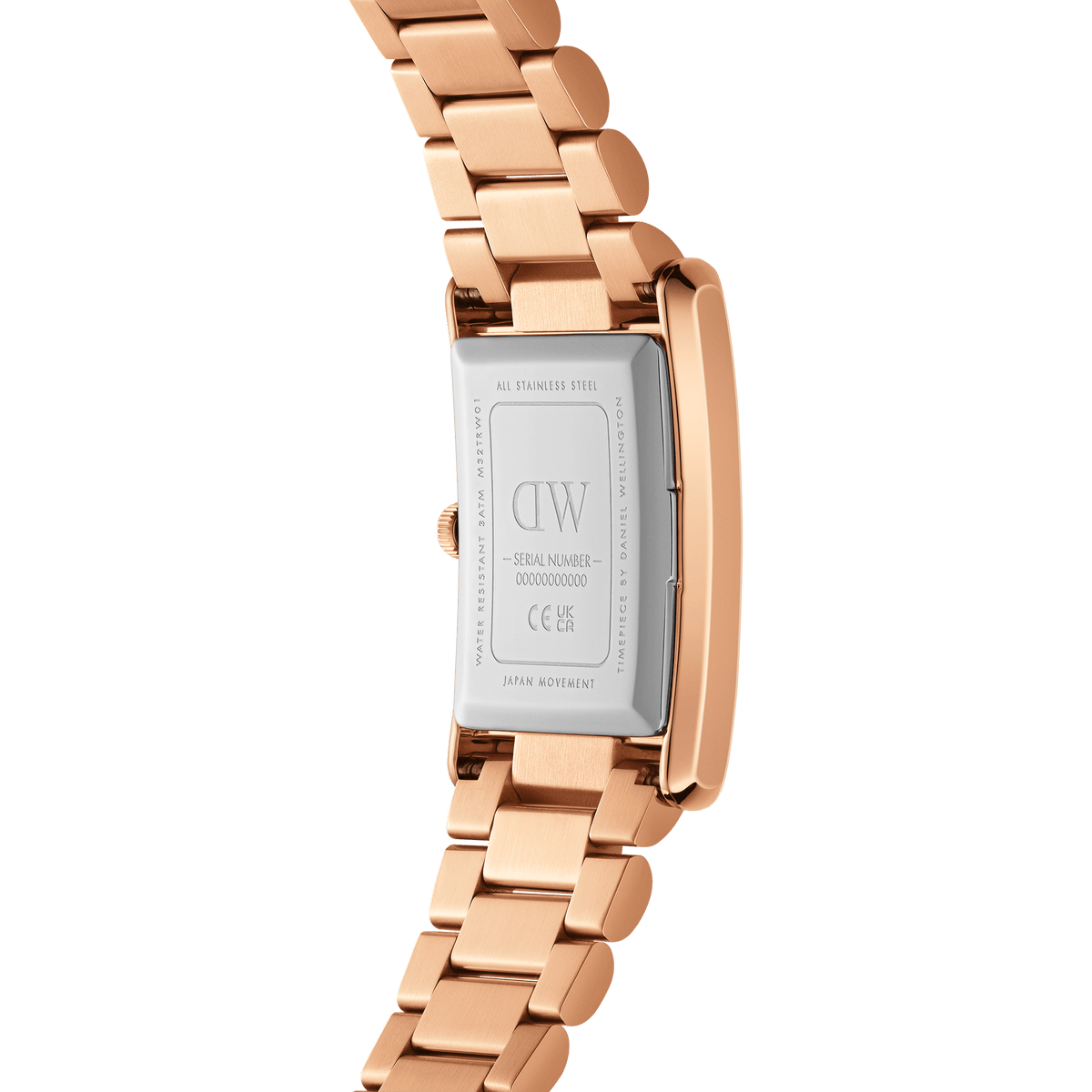 Back view of the Bound 3-Link Rose Gold watch showing the stainless steel case, engraved details, and polished rose gold 3-link bracelet, highlighting its durable construction and quality finish.