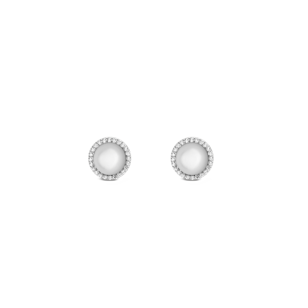 A pair of Daniel Wellington Audrey Earrings Mother of Pearl Silver featuring round, domed mother of pearl centres surrounded by a halo of sparkling white cubic zirconia crystals in a polished silver setting.