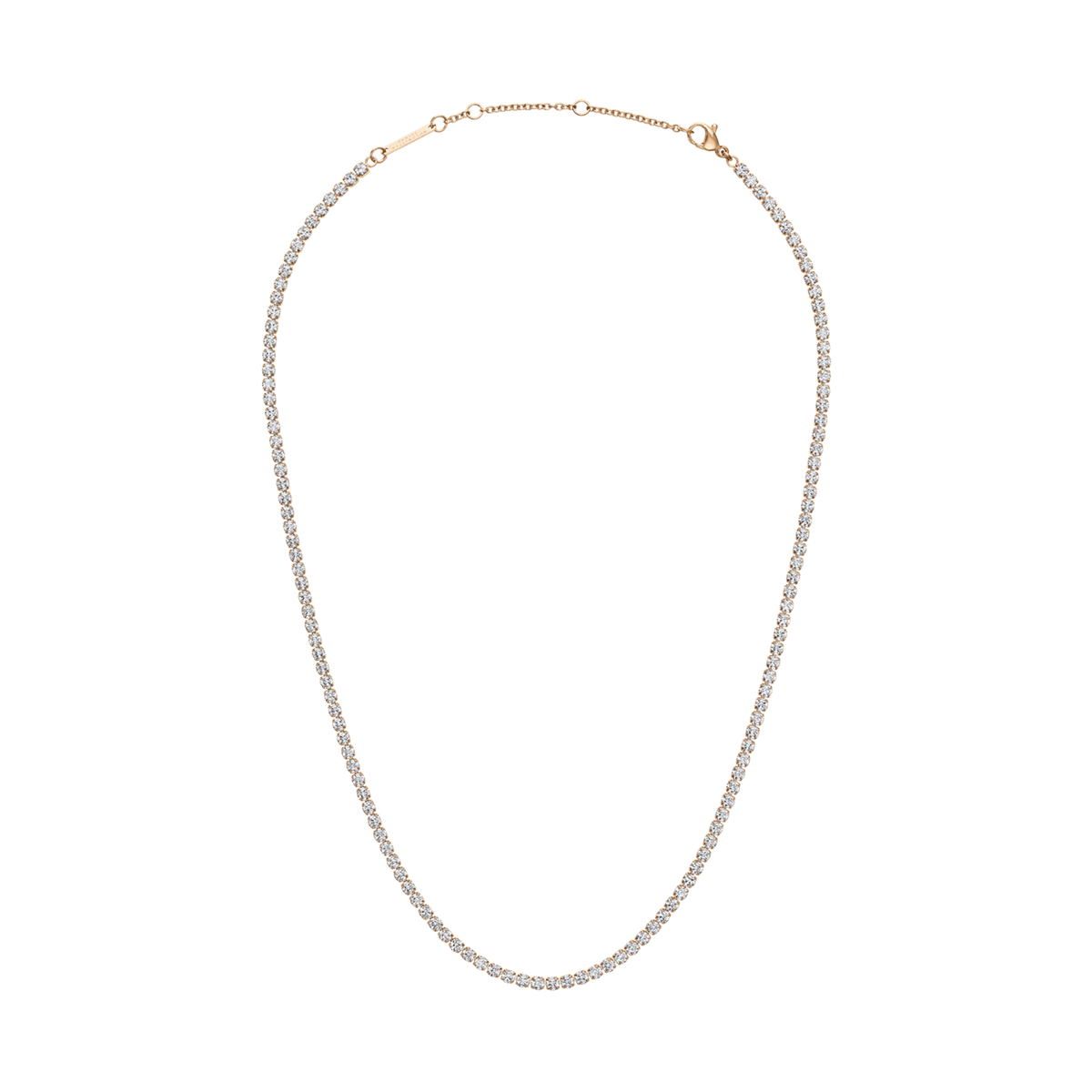 Classic Tennis Necklace Rose Gold featuring a delicate rose gold chain with individually set sparkling stones, designed with an adjustable clasp for a comfortable fit and versatile styling.