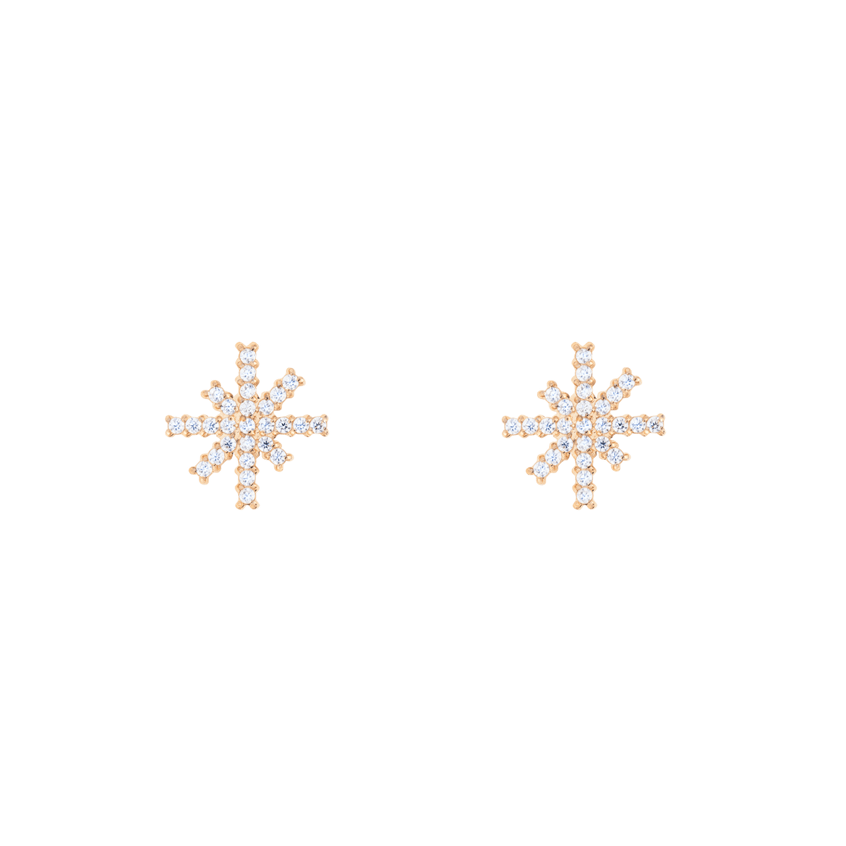 A pair of Mirelle Star Earring Rose Gold studs featuring a starburst design with white cubic zirconia crystals set in rose gold, displayed on a plain background.