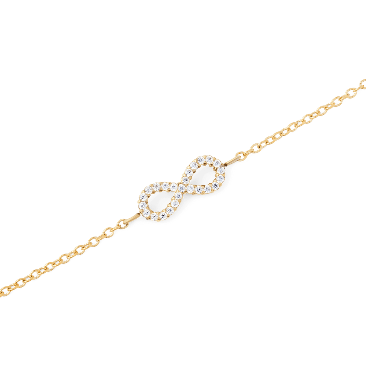 Close-up of the Mirelle Infinity Bracelet Gold showing a fine gold chain with a sparkling infinity symbol set with white cubic zirconia crystals, highlighting its elegant and minimalist design.