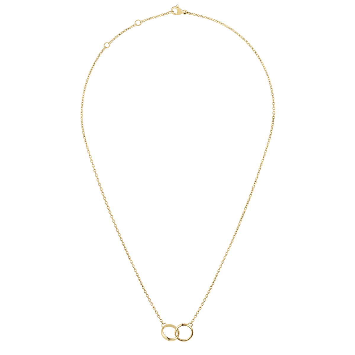 Classic Lumine Unity Gold necklace with an adjustable gold chain and two interlocking rings as a pendant, shown in a full-length view highlighting the clasp and extension links.