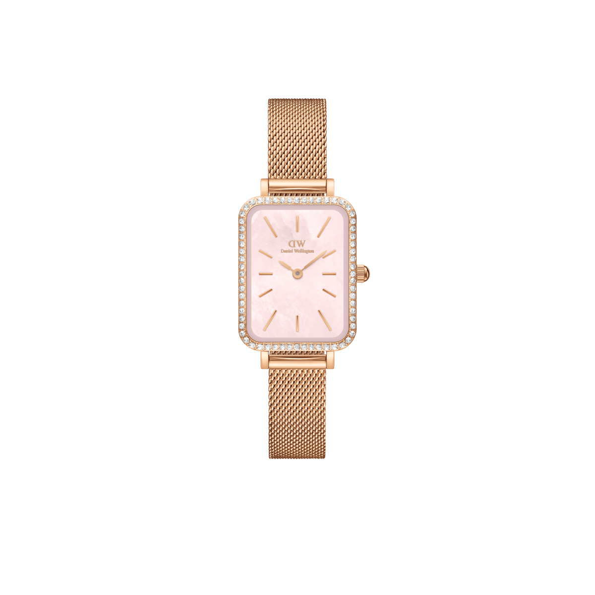 Rose gold Quadro Lumine Bezel Melrose Pink MOP watch for women featuring a rectangular case, pink mother of pearl dial, gemstone bezel, and a slim mesh strap.