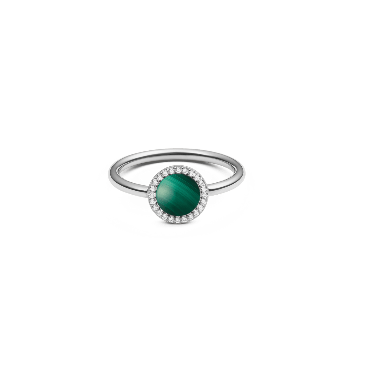 Elegant silver ring featuring a domed green malachite centre stone, framed by a halo of sparkling cubic zirconia on a slim polished band.