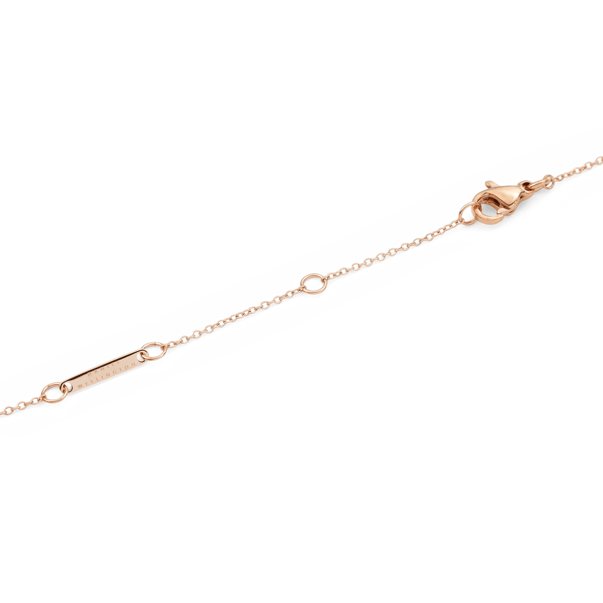 Close-up of the Crystal Zodiac Chain Necklace Rose Gold showing the adjustable sizing rings, lobster clasp, and a branded bar on the fine rose gold chain for secure and comfortable wear.