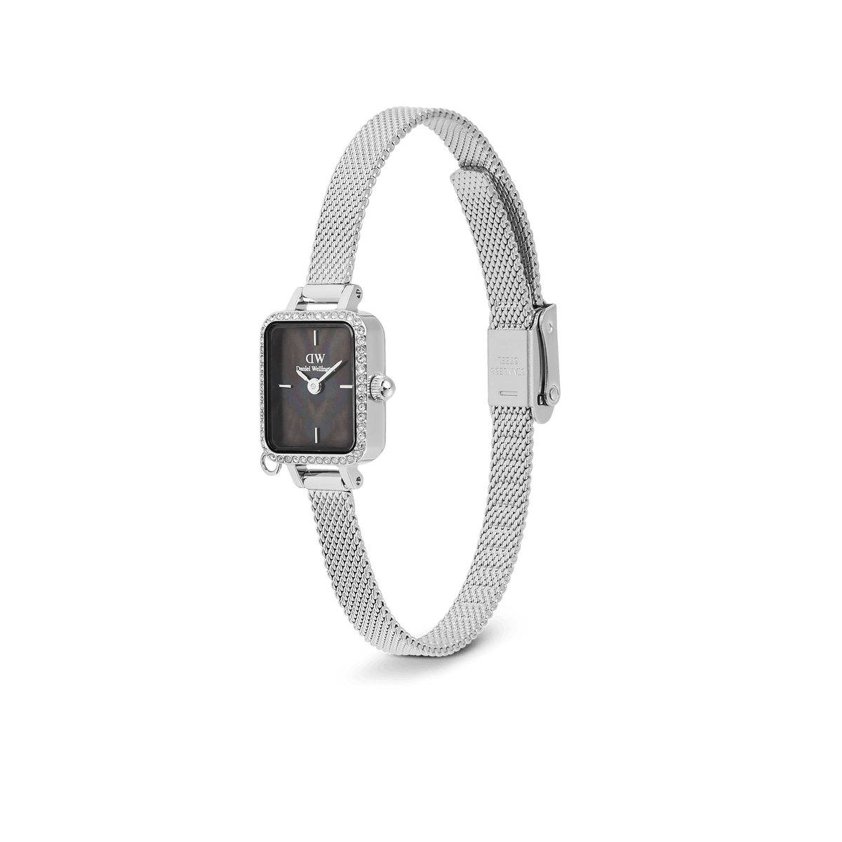 Quadro Mini Crystal Zodiac Sterling Set featuring a rectangular silver case with crystal accents, black mother of pearl dial, and an adjustable silver mesh strap, shown without the zodiac charm.
