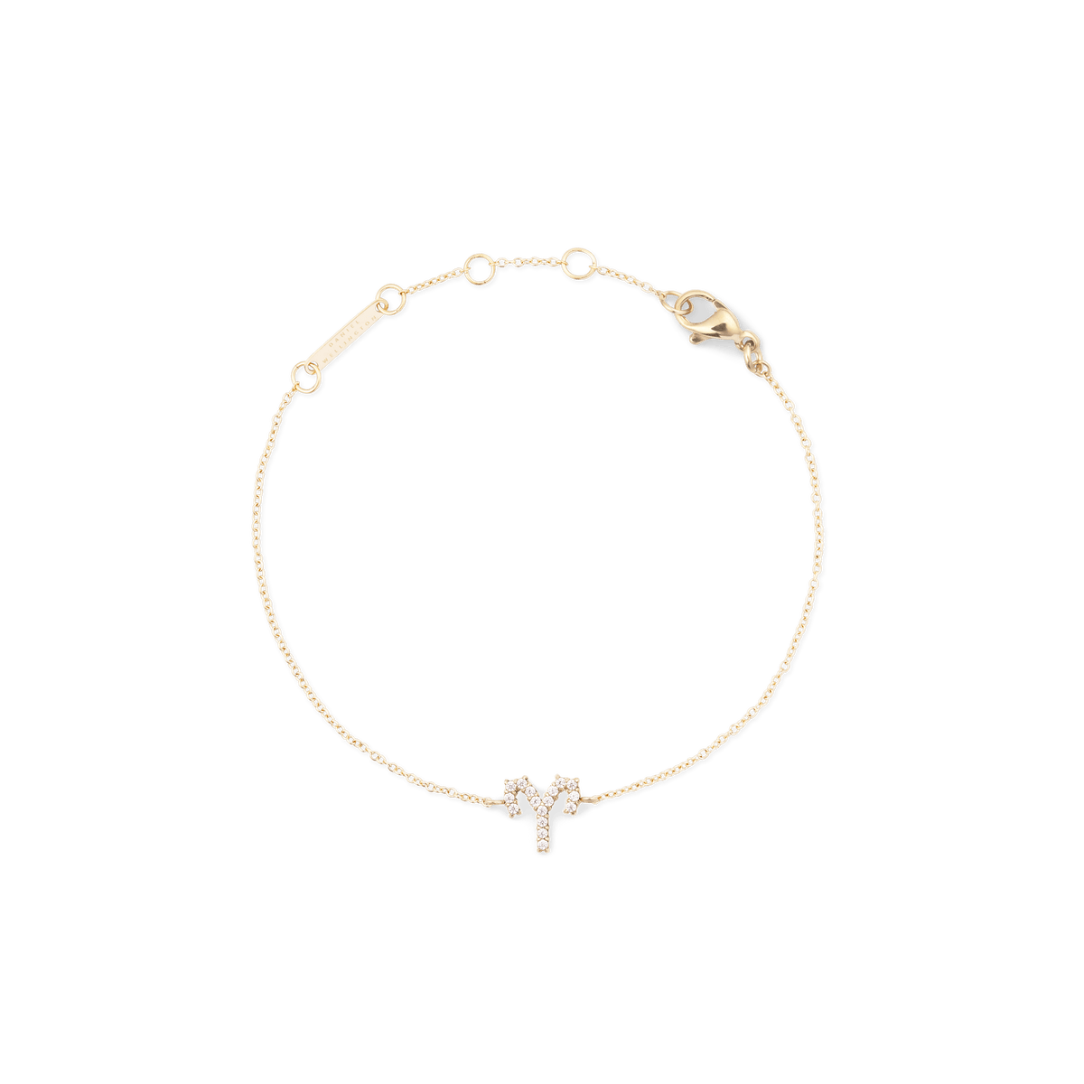 Delicate gold chain bracelet featuring an Aries zodiac charm set with sparkling crystals, adjustable with multiple sizing rings and finished with a secure lobster clasp.