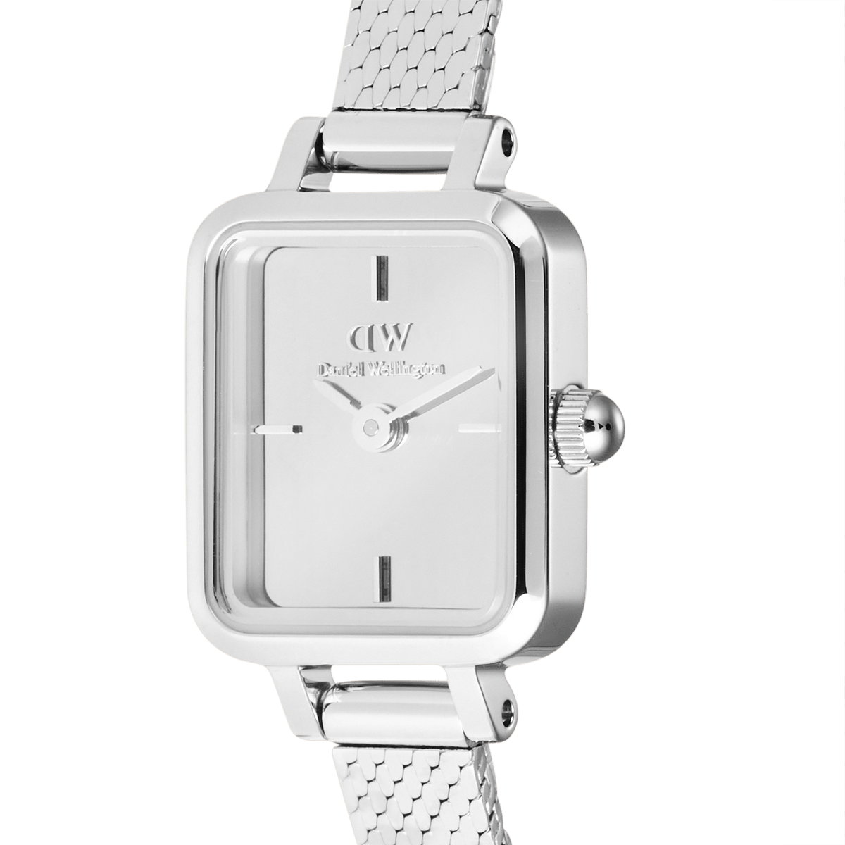 Close-up of the Quadro Mini Reflection Silver watch showing the mirror-effect silver dial, minimalist hour markers, and polished rectangular case with a fine mesh strap, highlighting its elegant and modern design.