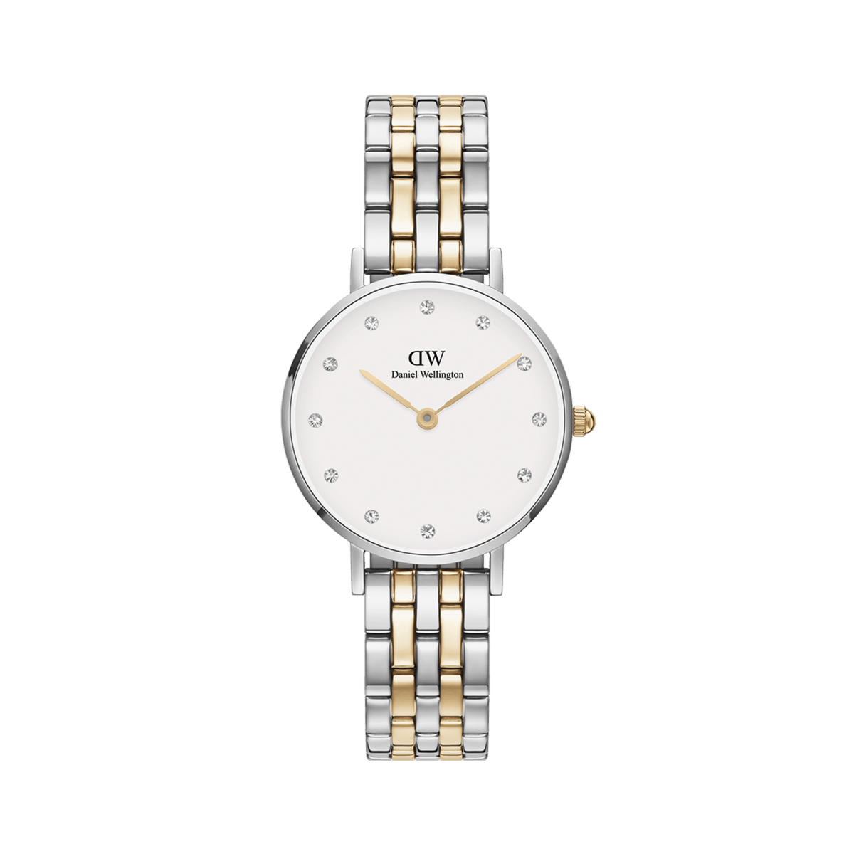 Petite Lumine 5-link two-tone ladies watch with a round eggshell white dial, crystal hour markers, and a polished silver and gold stainless steel bracelet, designed for versatile everyday wear.