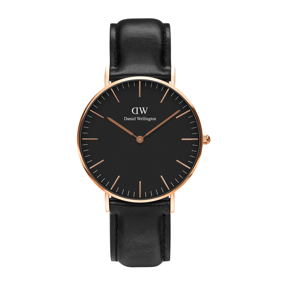 Classic Sheffield Black Rose Gold men’s watch with a black dial, slim rose gold case, minimalist markers, and a genuine black leather strap, shown against a plain background.