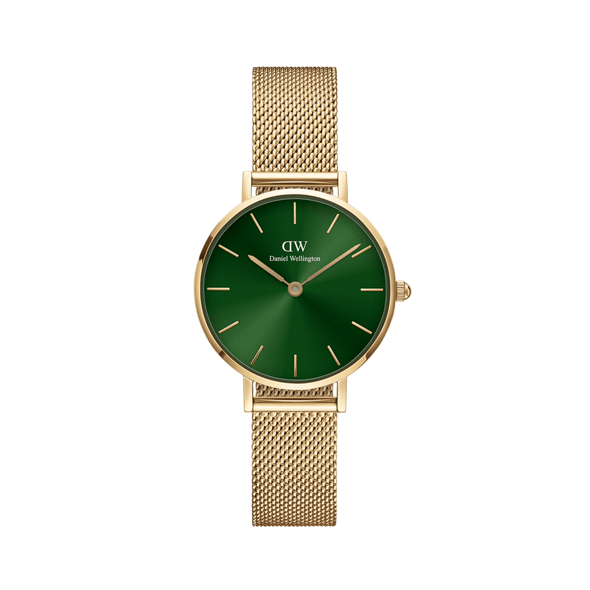 Gold mesh strap women’s watch with a deep emerald green sunray dial, minimalist gold hour markers, and a slim, adjustable band for a refined, modern look.