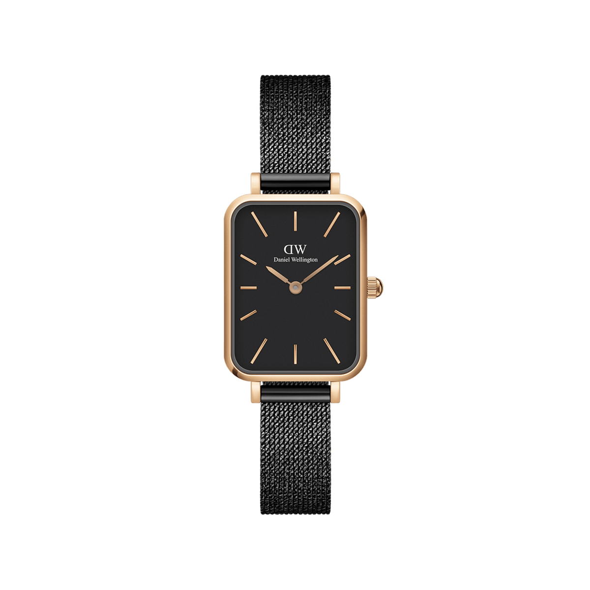 Quadro Pressed Ashfield features a petite rectangular rose gold case, black dial, and slim black mesh strap, offering a minimalist and elegant ladies watch suitable for small wrists.