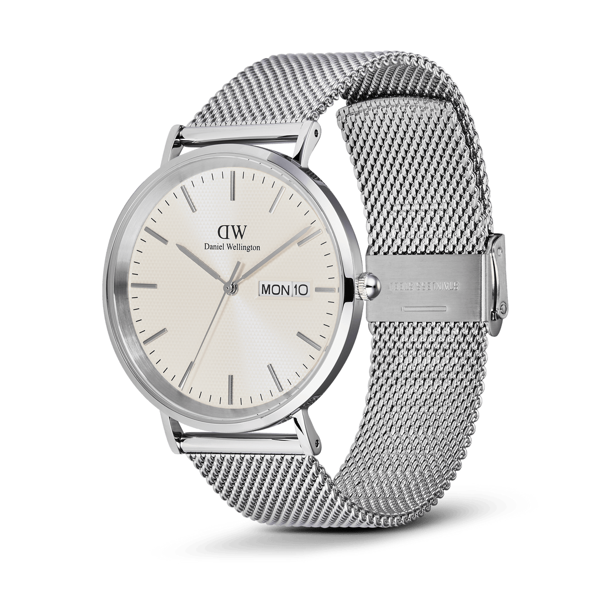 Classic Day Display Sterling Champagne men’s watch with a champagne dial, day and date display, and a silver mesh strap, highlighting its minimalist design and brushed stainless steel case.
