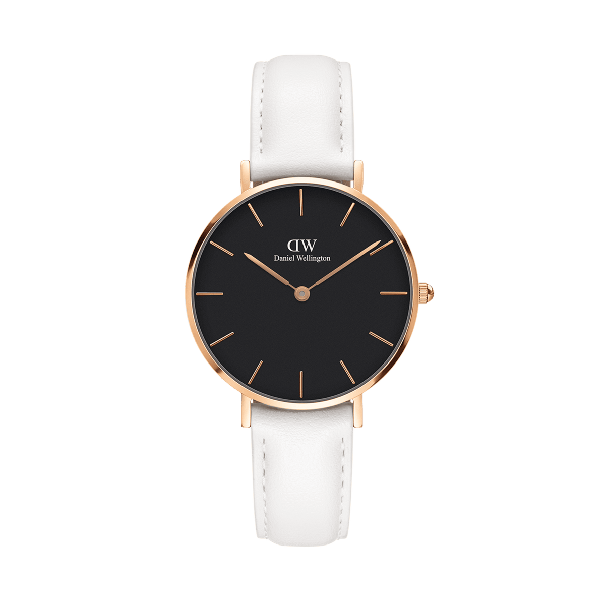 Petite Bondi Black Rose Gold ladies watch featuring a slim rose gold case, minimalist black dial, and an adjustable white leather strap, designed for a comfortable and elegant everyday look.