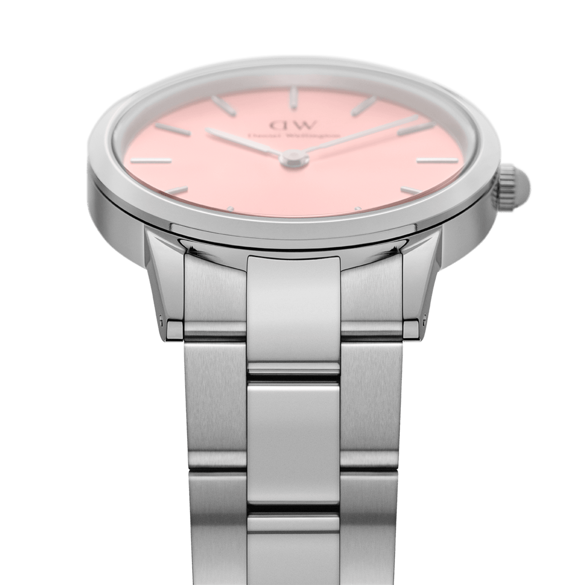 Detail view of the Iconic Link Blush Silver ladies watch, showing the brushed stainless steel bracelet and the soft pastel pink dial with minimalist silver hour markers.