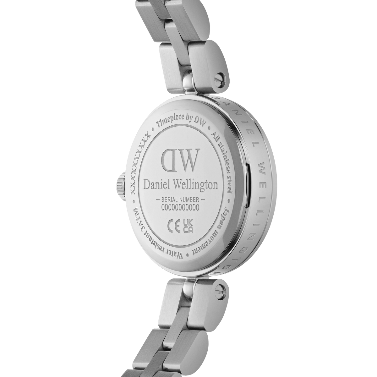 Close-up of the Elan Lumine Silver ladies watch showing the engraved stainless steel case back, serial number, and three-link bracelet detail.