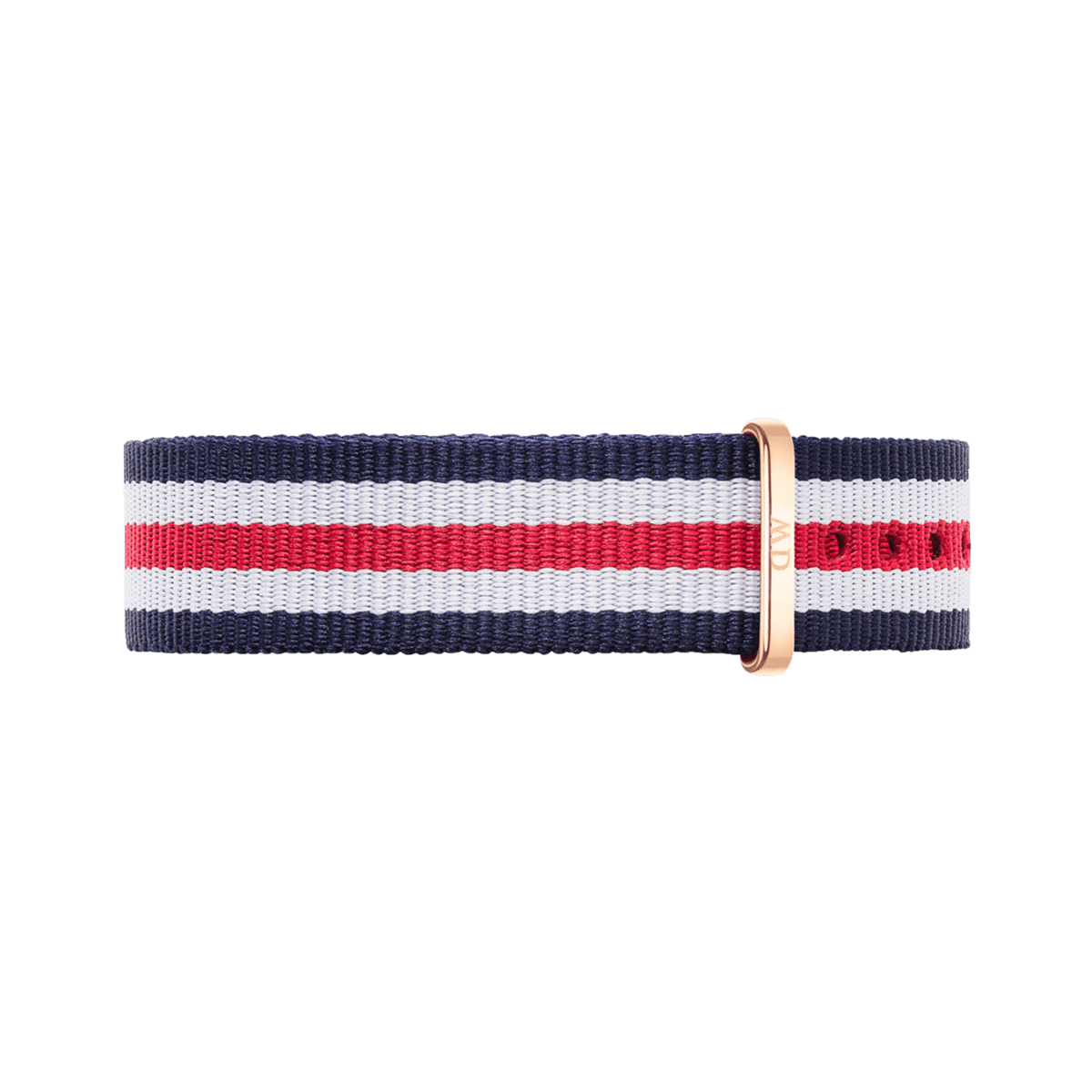 Canterbury Strap Rose Gold NATO watch strap with navy, white, and red stripes, featuring a rose gold buckle and durable polyester fabric suitable for various wrist sizes.