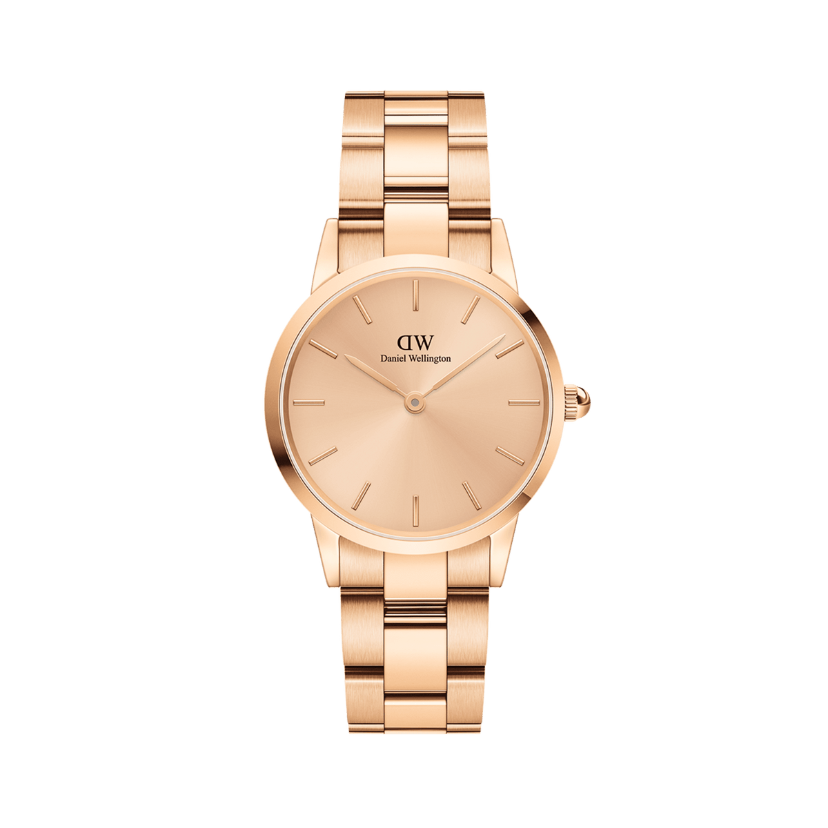 Rose gold ladies watch with a 28mm case, featuring a polished rose gold link bracelet and a matching minimalist rose gold dial, designed for a sleek and modern look.