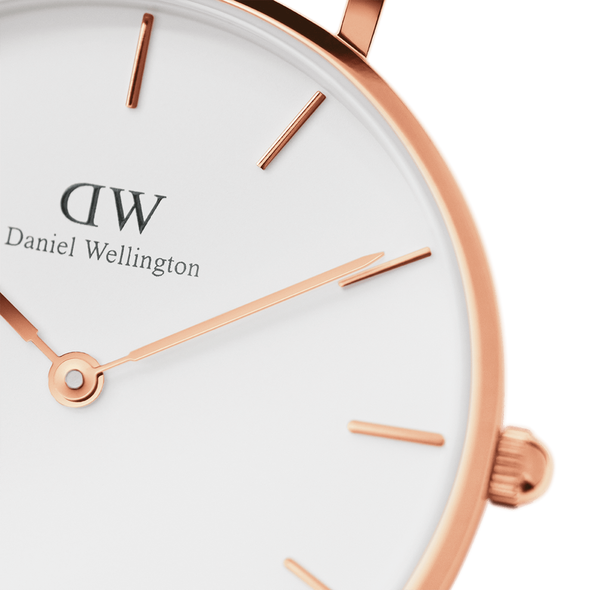 Detail view of the Petite Sheffield Rose Gold ladies watch highlighting the rose gold hands, minimalist white dial, and slim rose gold case for a sophisticated everyday look.