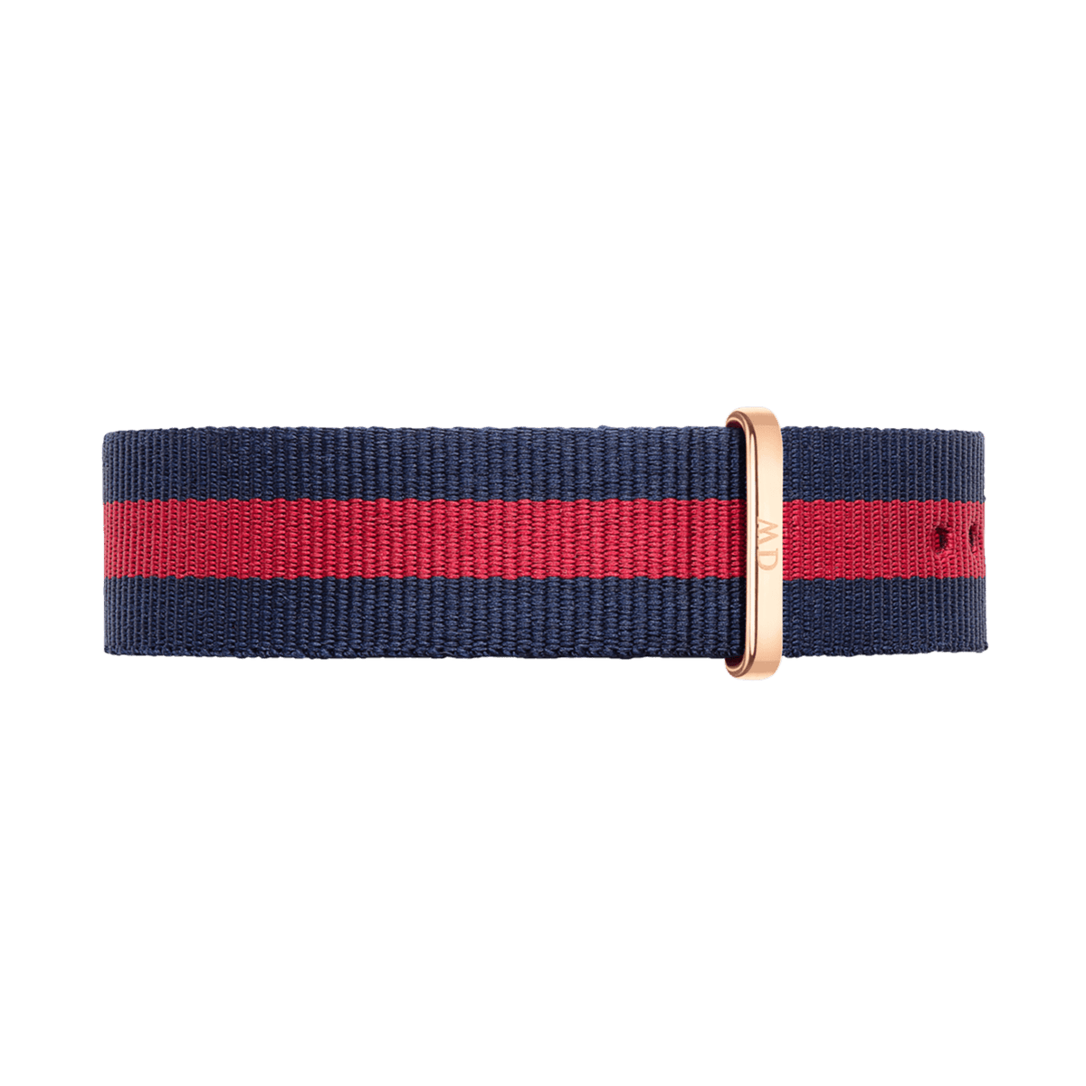 Navy blue and red striped Oxford Strap Rose Gold watch strap with a polished rose gold buckle, crafted from durable polyester in a classic NATO style.