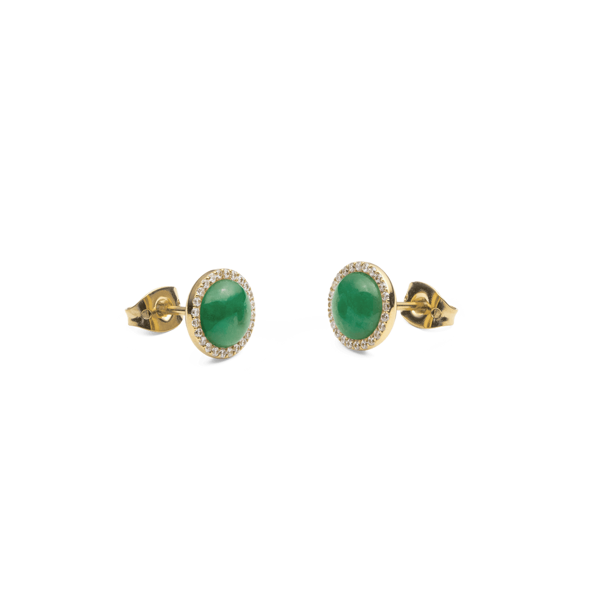 Daniel Wellington Audrey Earrings Jade Gold featuring round green jade stones set in gold with a halo of white crystals, shown from a side angle to highlight the secure stud backings and polished finish.