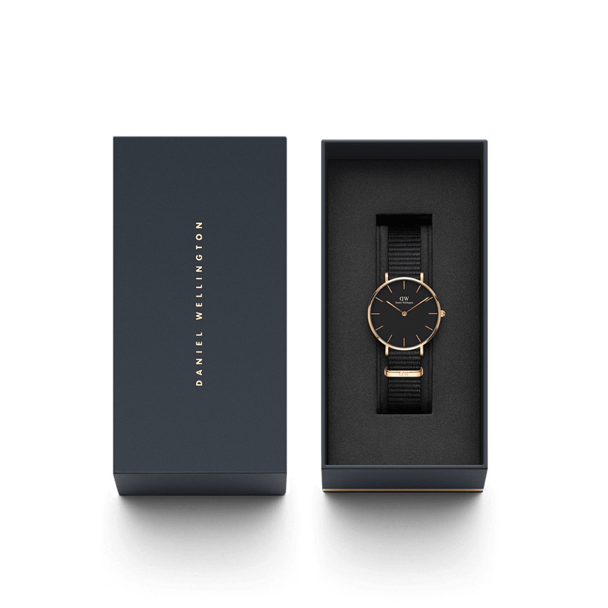 Petite Cornwall Black Rose Gold women’s watch with a black NATO strap and rose gold case, elegantly presented in a branded Daniel Wellington gift box.
