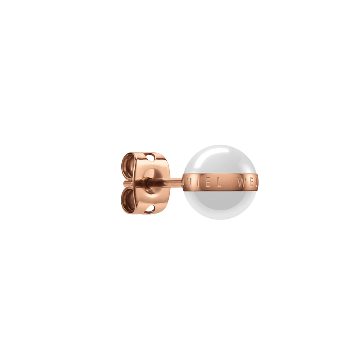 Close-up side view of the Aspiration Earrings Rose Gold Satin White, highlighting the satin white ceramic sphere, rose gold plated band with engraved branding, and the secure stud fastening.