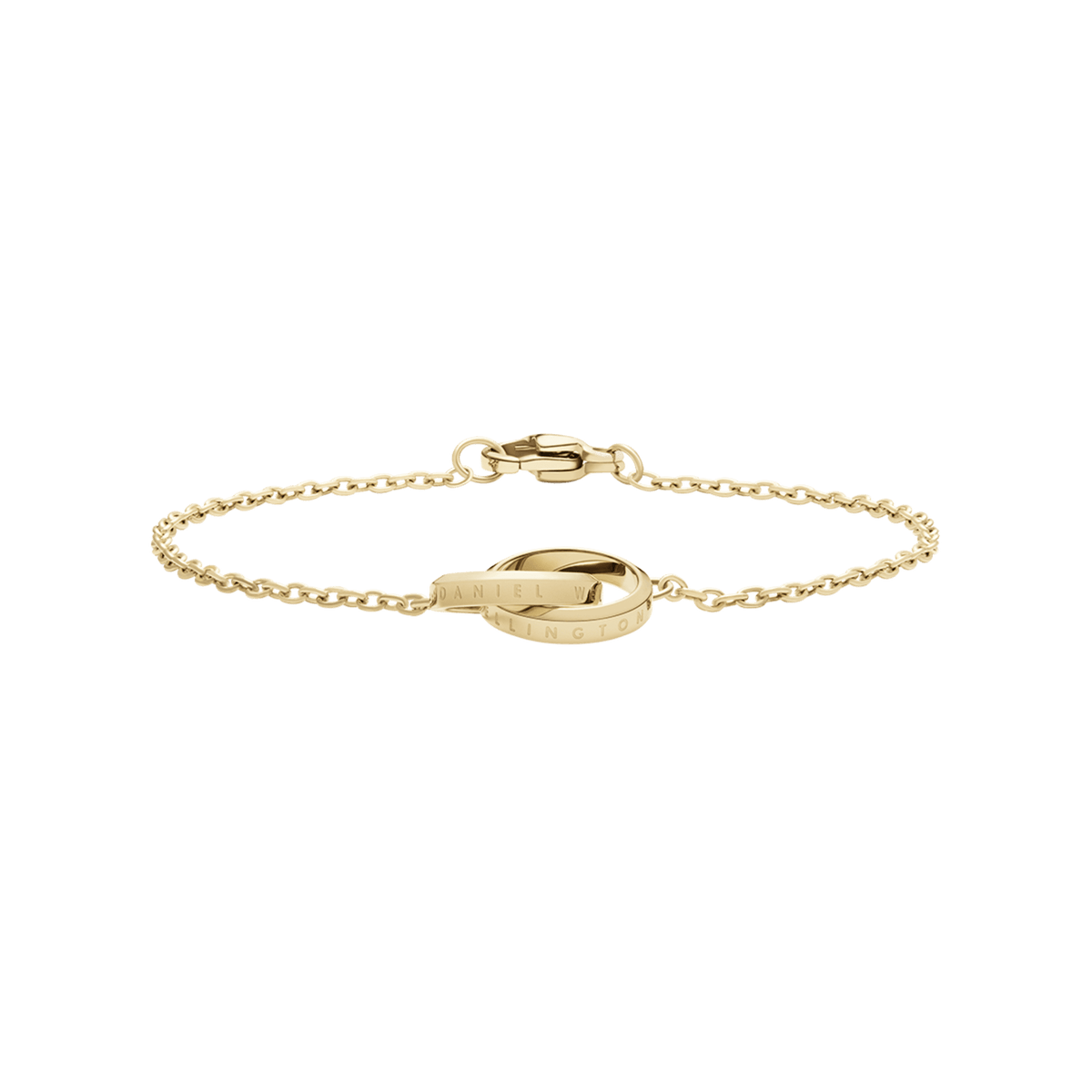Delicate gold Elan Unity Bracelet featuring a fine chain and two interlocking rings with engraved detailing, crafted from stainless steel with a polished PVD gold finish.