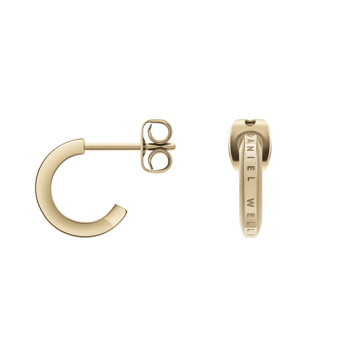 Elan Earrings Gold display a petite huggie hoop style with a polished gold finish, featuring the Daniel Wellington logo engraved on the side and secure butterfly backs for comfortable daily wear.