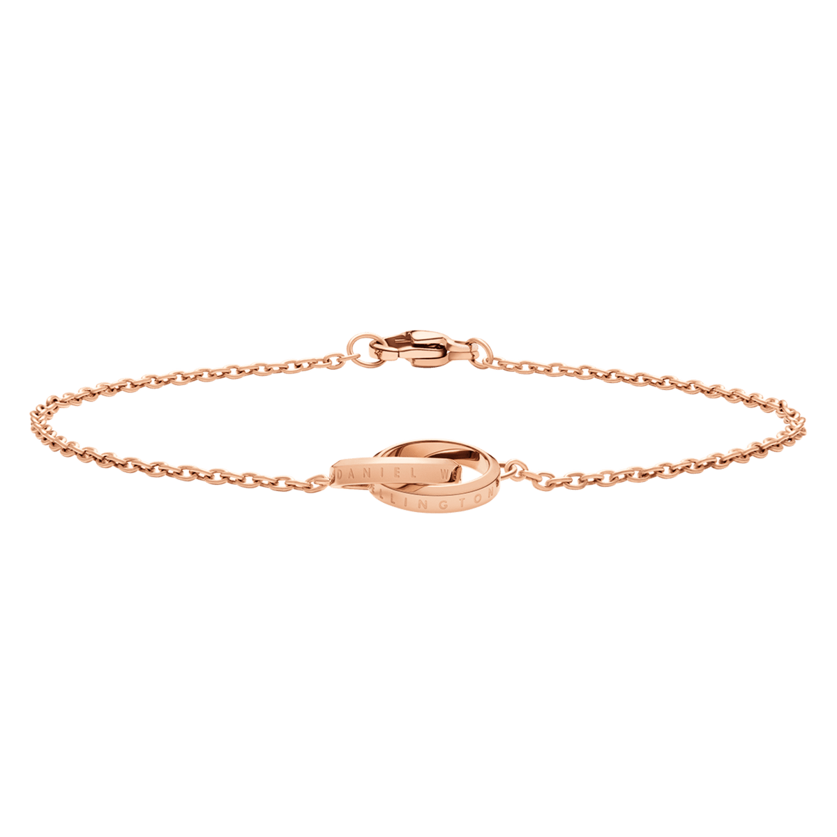 Elegant Elan Unity Bracelet Rose Gold with two intertwined rings and a delicate rose gold chain, featuring a secure clasp and minimalist styling suitable for layering.