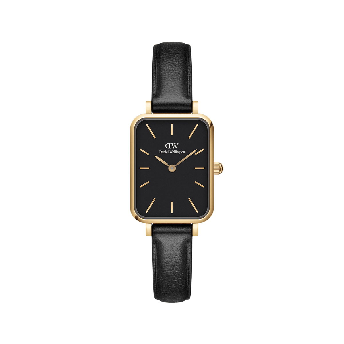 Quadro Pressed Sheffield Black Gold ladies watch featuring a rectangular gold stainless steel case, minimalist black dial with gold markers, and a slim black leather strap.