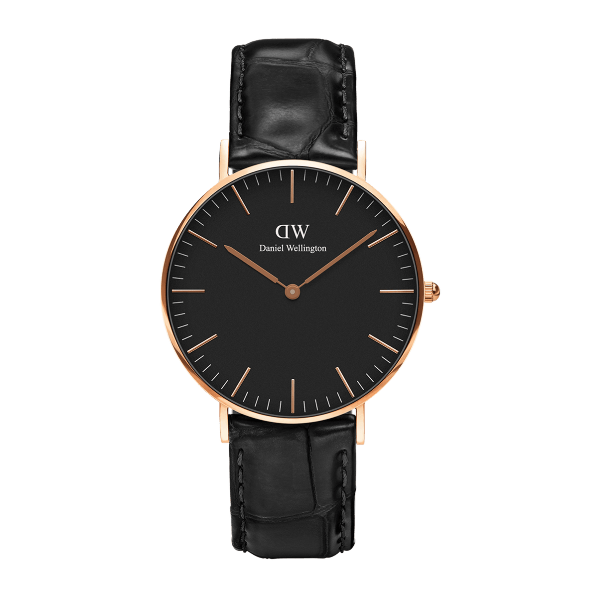 Classic Reading Black Rose Gold watch featuring a slim rose gold case, minimalist black dial, and genuine black croc-embossed leather strap for a refined, versatile look.