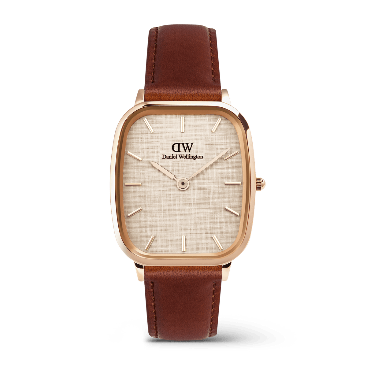 Men’s Marlon St Mawes Linen Rose Gold watch featuring a rectangular rose gold case, linen-textured dial, minimalist markers, and a brown leather strap with visible stitching.