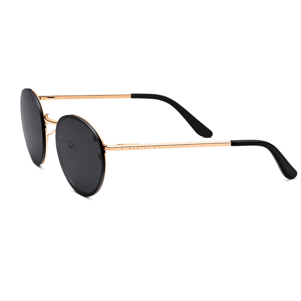 Arch Steel Black sunglasses featuring round black nylon lenses, a rose gold plated stainless steel frame, slim black arms, and subtle Daniel Wellington branding along the side.
