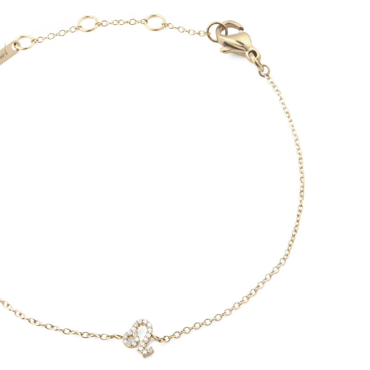 Gold chain bracelet with an adjustable clasp, featuring a Leo zodiac charm set with sparkling crystals and a slim, elegant design.
