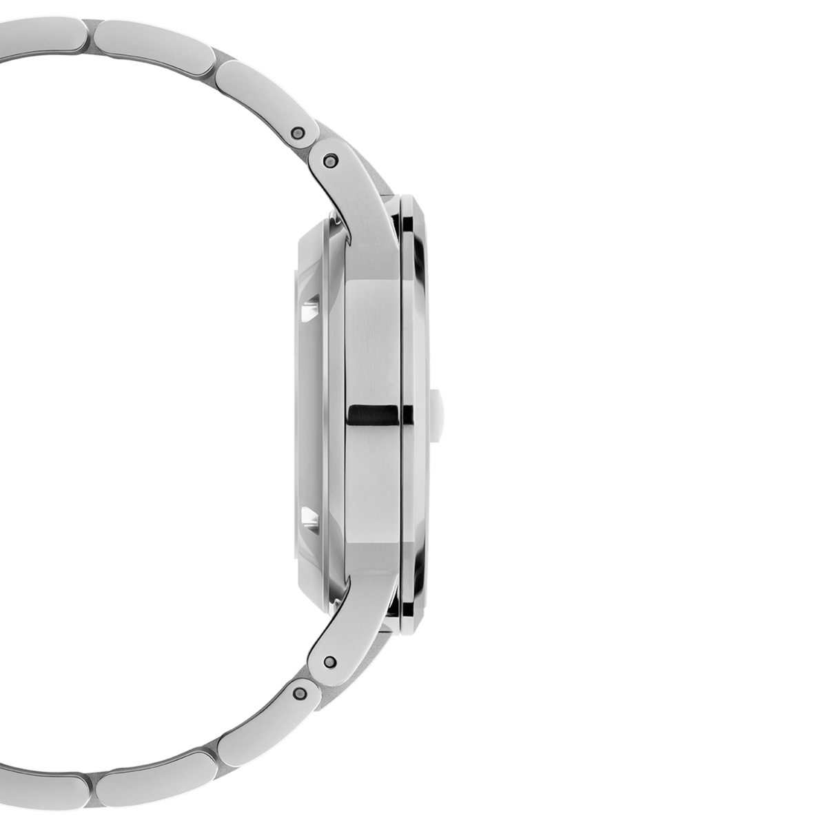 Side profile of the Daniel Wellington Iconic Link Automatic watch, highlighting the slim stainless steel case and integrated link bracelet.