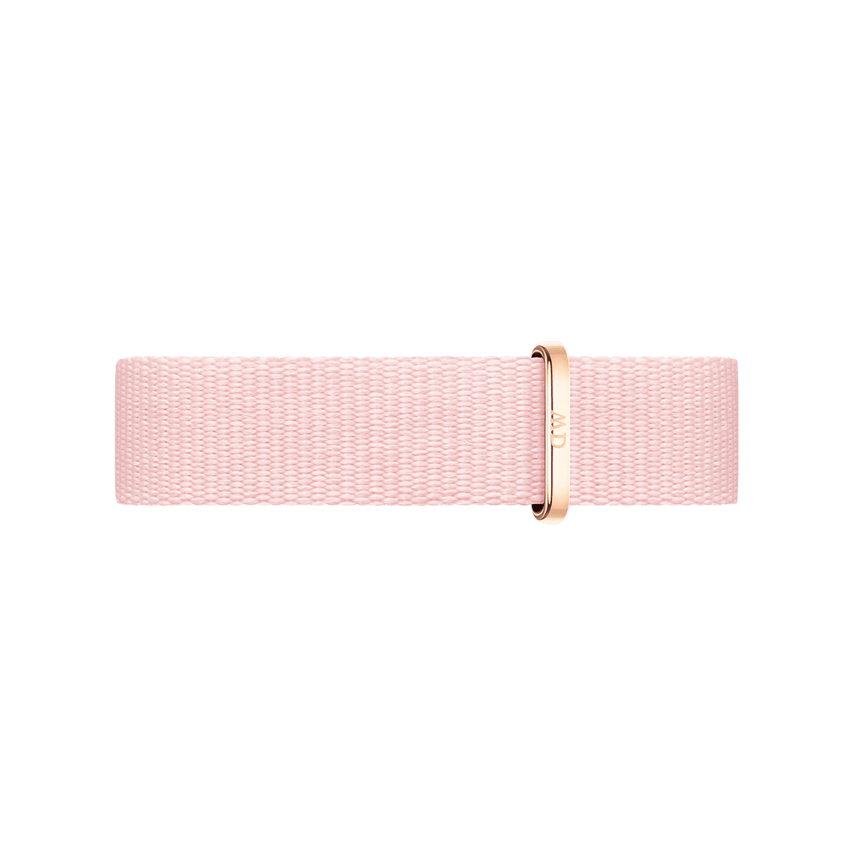 Soft pink NATO style watch strap made from recycled polyester, featuring a rose gold buckle and textured fabric, designed for Daniel Wellington watches.