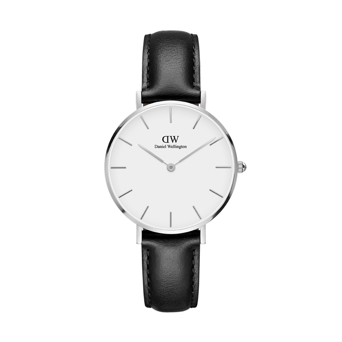 Petite Sheffield Silver ladies watch with a polished stainless steel case, minimalist eggshell white dial, and slim black genuine leather strap, ideal for everyday wear and versatile styling.